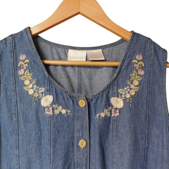 Vtg Womens Denim Long Dress Back Tie Blue Sleeveless Modest Sz Large Embroider - Picture 2 of 6